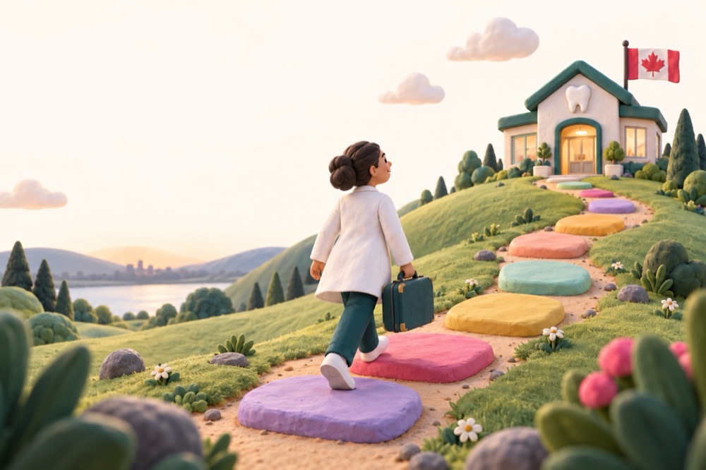 Clay illustration of a dentist in a white coat, carrying a small case, walking up a path of coloured stepping stones toward a small dental clinic with a Canadian flag.